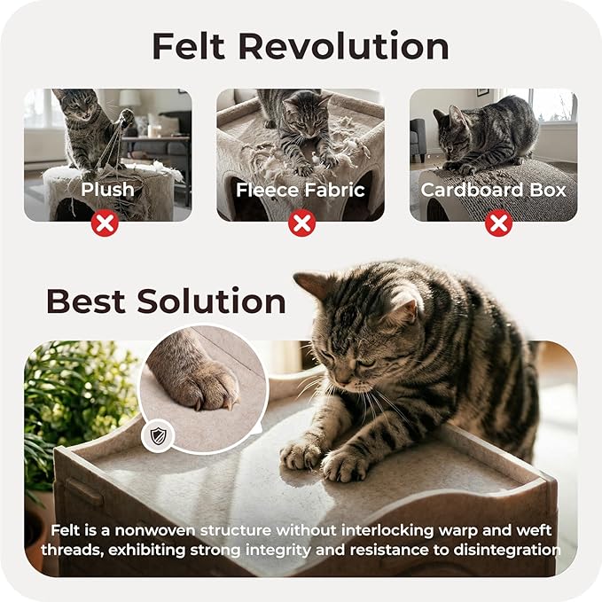 Cat Bed Cave for Indoor Cats: New Felt Cat Bed with Fluffy Ball Hanging, Foldable Cat House with Scratch-Resistant Board, Hideaway Cat Cave for Timid Cats, Sturdy Two-Tier Cat Condo - Gray