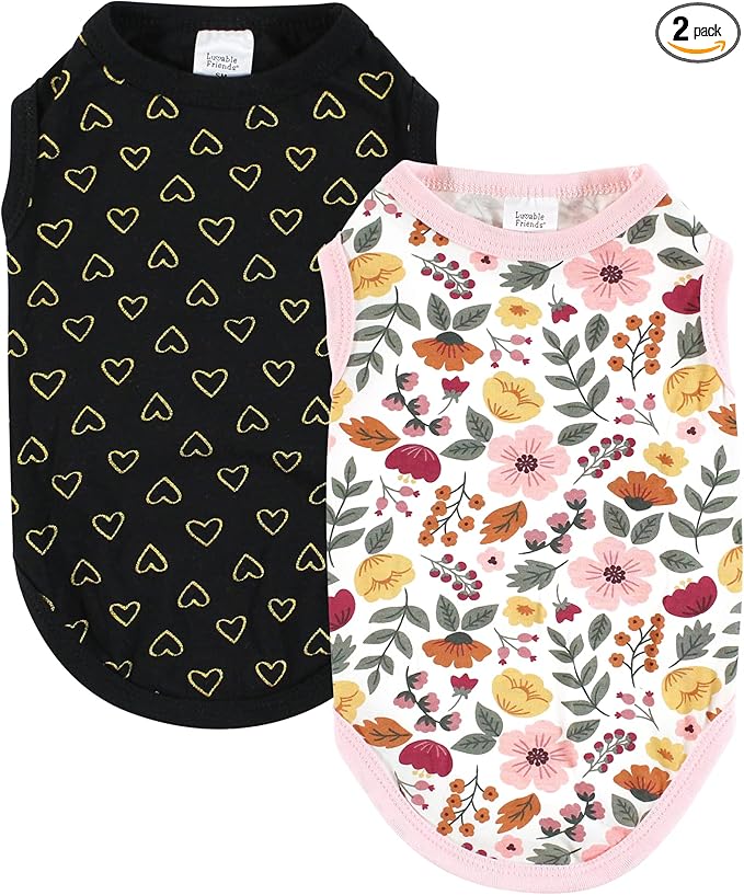 Luvable Friends Dog Pet Dog and Cats Cotton T-Shirts 2pk, Botanical Heart, Small