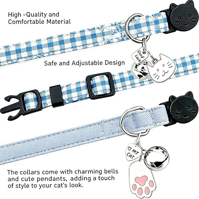 2 Pack Cotton Breakaway Cat Collars with Bell and Charms Blue Solid Plaid Safety Collars for Girl Boy Cats, Cat Head and Paw Pendant Cute Kitten Collars