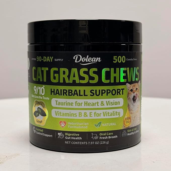 Cat Grass Treats, Hairball Treatment for Cats for Indoor Cats, Fish Oil for Skin & Coat, Digestion, Taurine for Heart Vision, 500 Crunchy & Creamy Chews with Essential Vitamins (Salmon Flavor)
