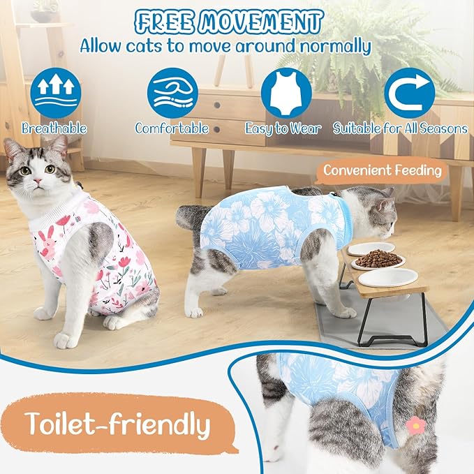 SlowTon Cat Recovery Suit - Cat Onesie for Cats After Surgery Female Male, Kitten Clothes Cats Surgical Spay Suit Abdominal Wounds, E-Collar Alternative Bodysuit Shirt Anti-Licking (Blue Flower,M)