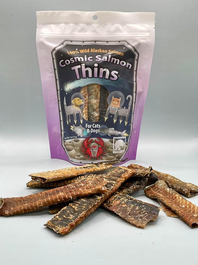 Cosmic Salmon Thins, Wild Alaskan Salmon Skin Treats, Air Dried, Single Ingredient, 4.0 oz, Made in Alaska