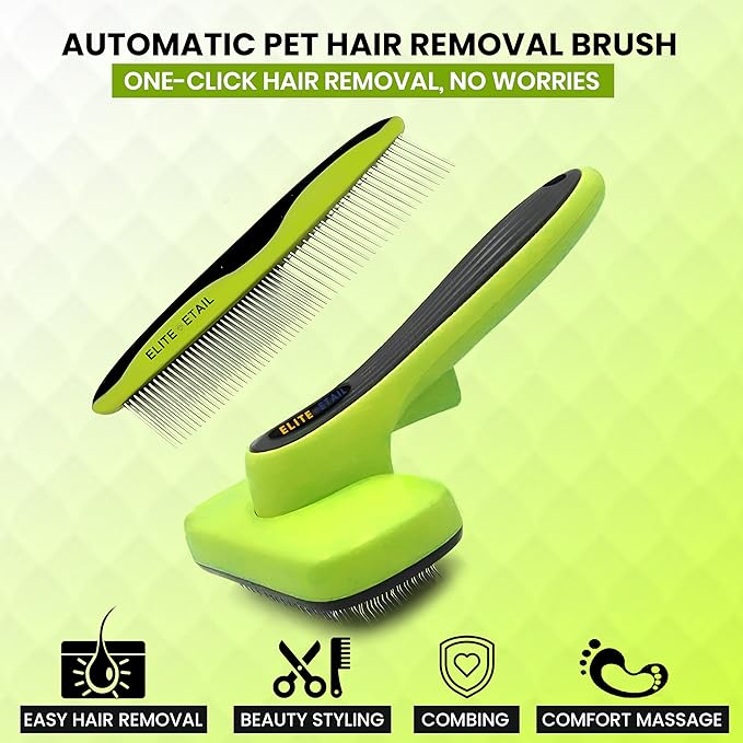 ELITE ETAIL Self Cleaning Pet Hair Brush with Additional Comb and Bath Brush - Skin Friendly Pet Grooming Kit for Dogs and Cats, Detangling, Deshedding, and Bathing Tools for All Fur Types. 7 in long