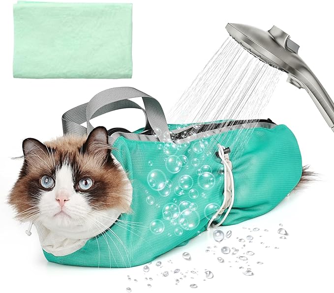 Cat Bathing Bag Anti Scratch Bite Breathable Mesh- Cat Grooming Bag for Nail Trimming, Injections, Medication, Dental Care, Vet Visits, Cats Shower Bag with Zippers,Green M