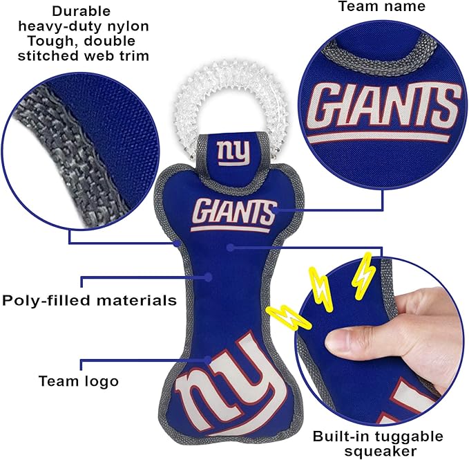 Pets First NFL New York Giants Dental Dog TUG Toy with Squeaker. Tough PET Toy for Healthy Fun, Teething & Cleaning Pet's Teeth & Gum., Team Color, one Size (NYG-3310)