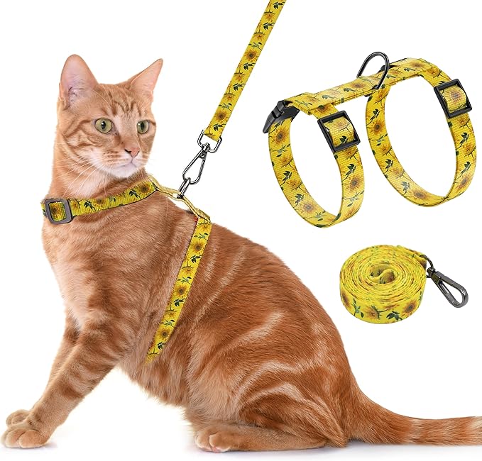 Seyezo Cat Harness and Leash Set, Adjustable Kitten Harness Escape Proof Cats Harness, Soft Lightweight Walking Travel Pet Harness, Cute Kitty Harness Leash Set for Small Medium Cats, Yellow Sunflower