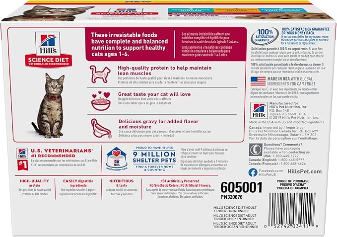 Hill's Science Diet Adult 1-6 Wet Cat Food Variety Pack, Chicken, Tuna, & Ocean Fish, 2.8 oz. Pouches, 12-Pack