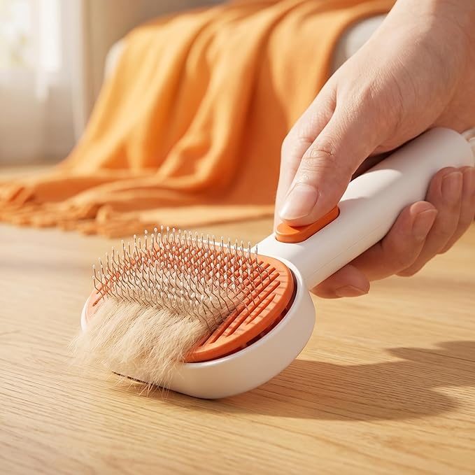 2026 Pet Grooming Brush for Cats and Dogs, Stainless Steel Deshedding Brush with One-Click Cleaning Button, Skin-Friendly Massage Pins, Removes Loose Hair and Tangles (White And Orange)