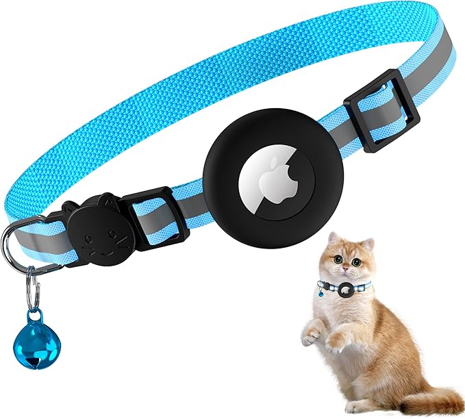Meliya Airtag Cat Collar Breakaway with Bell, Adjustable Reflective Pet Kitten Collar with Apple Air Tag Holder Case for Girl Boy Cats (Striped Blue)