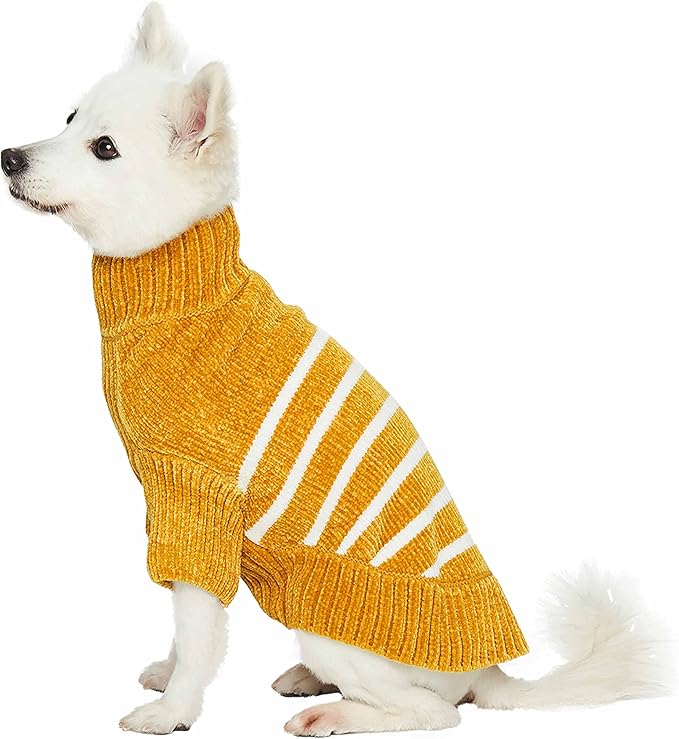 Blueberry Pet Cozy Soft Chenille Classy Striped Dog Sweater in Mustard, Back Length 18", Pack of 1 Clothes for Dogs
