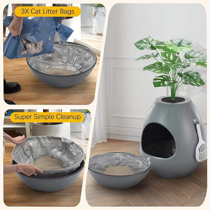 Egglao6 Plant Litter Box Furniture with 3PCS Cat Litter Box Liners Secret Kitty Enclosure with Odor Removal System, Decorative Top and Cat Litter Scoop, Quick Assembly, Extra Large (Grey)