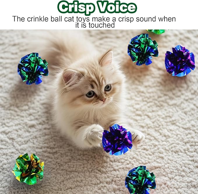 100 Pcs PVC Crinkle Balls Cat Toys 2.36" Interactive Crinkle Ball, Colorful Balls Chew Toy for Cat Chase Ball Toys Attract Cats for Indoor Cats and Kittens to Keep Fit and Active(Colors Random)