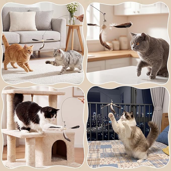 Outus 19 Pcs Cat Toys Bulk 1 Kitten Wand 18 Cat Spinning Feather Toys Refills, Cats Wand Replacement Feather for Indoor Cats
