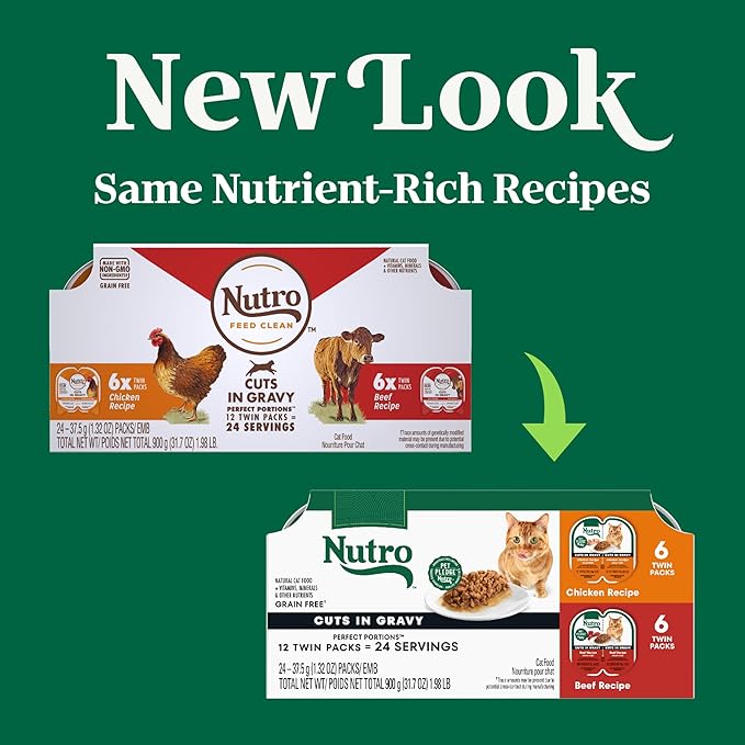 Nutro Perfect Portions Wet Cat Food Cuts in Gravy Multipack, Adult Cat Food Wet Chicken & Beef Recipes, 2.64 oz Twin-Pack Trays (12 Count, Pack of 1)