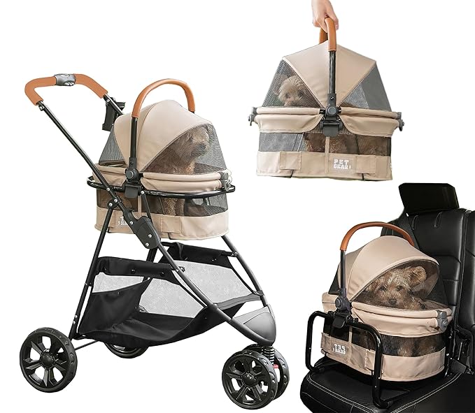 Pet Gear 3-in-1 Travel System, View 360 Stroller Converts to Carrier and Booster Seat with Easy Click N Go Technology, for Small Dogs & Cats, 4 Colors, Sand Dune- 3 Wheel