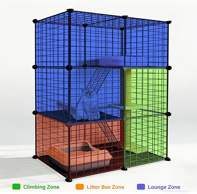 DIY Modular Cat Playpen 2x3x1 Grid | Compact Indoor Cat Enclosure | Foldable Black Wire Metal Cat Cage with Multi-Level Shelves | Fits 1 Cat (43.7" x 29.5" x 15.35")