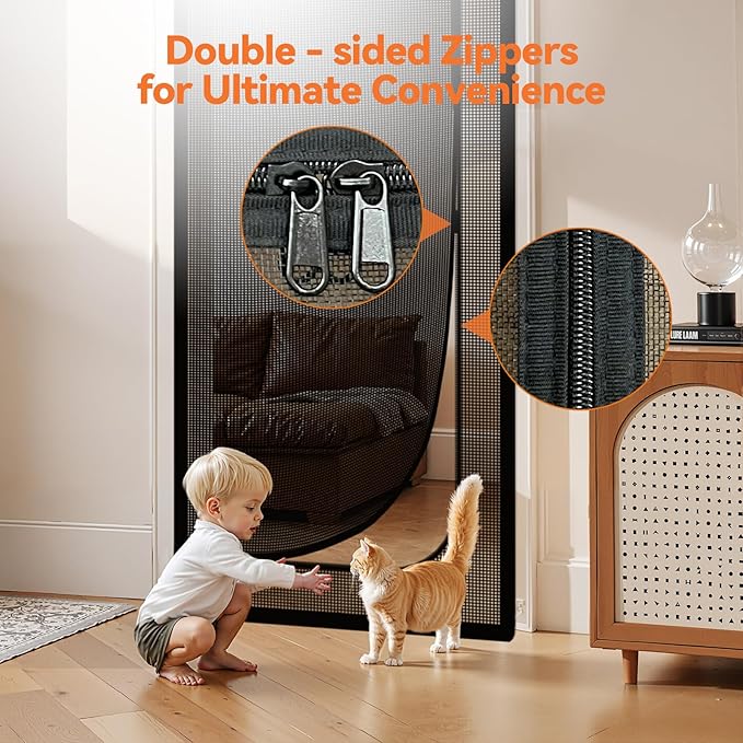 BFNN Cat Screen Door, Extra Tall Cat-Proof Mesh Gate, Fit Door Size 34'' x 82.5'', Anti Scratch Mesh with Zipper Closure, for Living Room, Kitchen, Bedroom (Black)