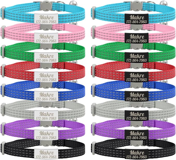 CAMAL Reflective Cat Collar with Name Tag, Personalized Cat Collar Breakaway with Bell, Customized Cat Collar Adjustable for Girls & Boys