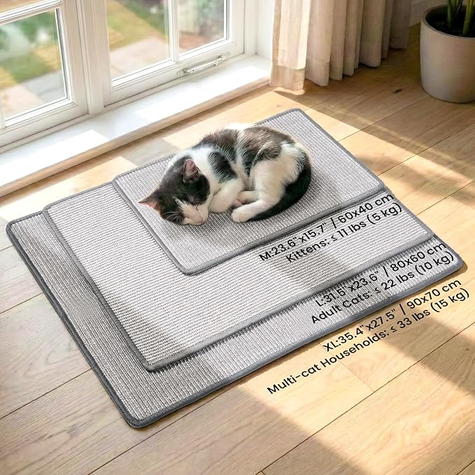 Conlun Cat Scratcher Mat,Natural Sisal Cat Scratch Pad with Hook&Loop Tape,Horizontal Floor Kitty Scratching Pads Rug for Indoor,Pet Furniture Protector for Couch&Carpets&Sofas, Large, Grey