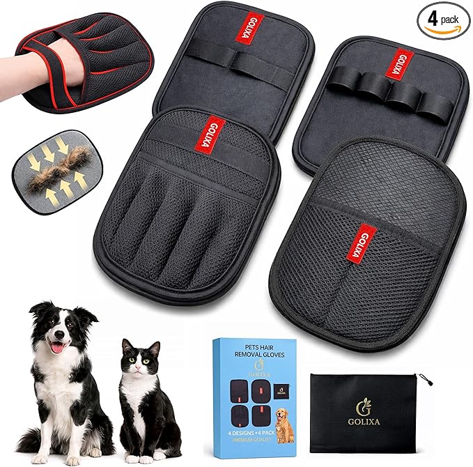 4 Pack Pet Hair Removal Glove for Dogs & Cats, 4 Designs Electrostatic Magic Brush Pet Hair Remover, Reusable Dog Hair Remover, Washable Pet Grooming Tools for Carpet, Sofa, Clothes & Car Seats
