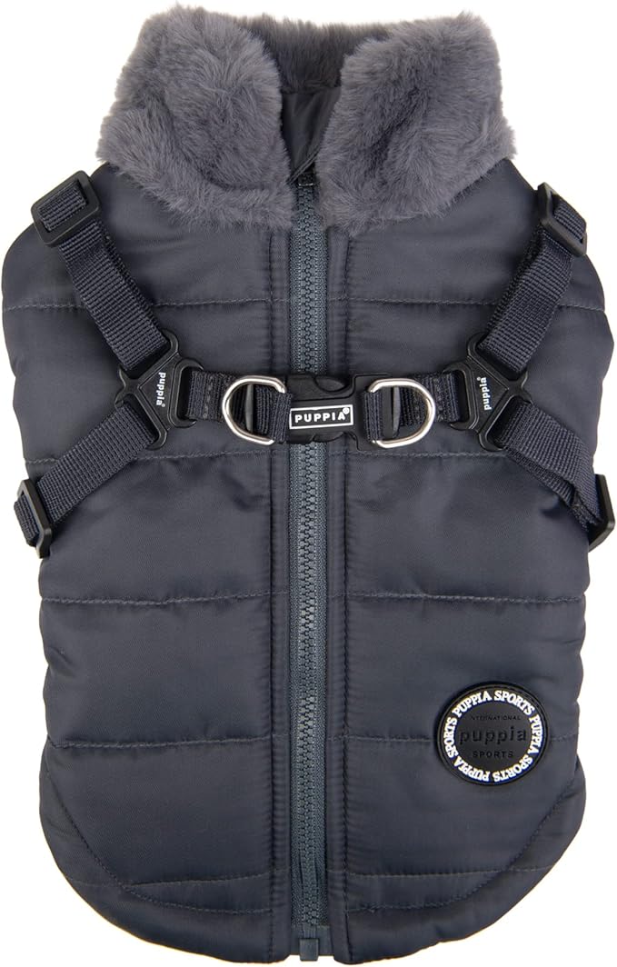 Puppia Donavan Winter Dog Coat with Integrated Harness No Pull Cold Weather Waterproof Warm Fleece Back Zipper for Small & Medium Dog, Grey, Small