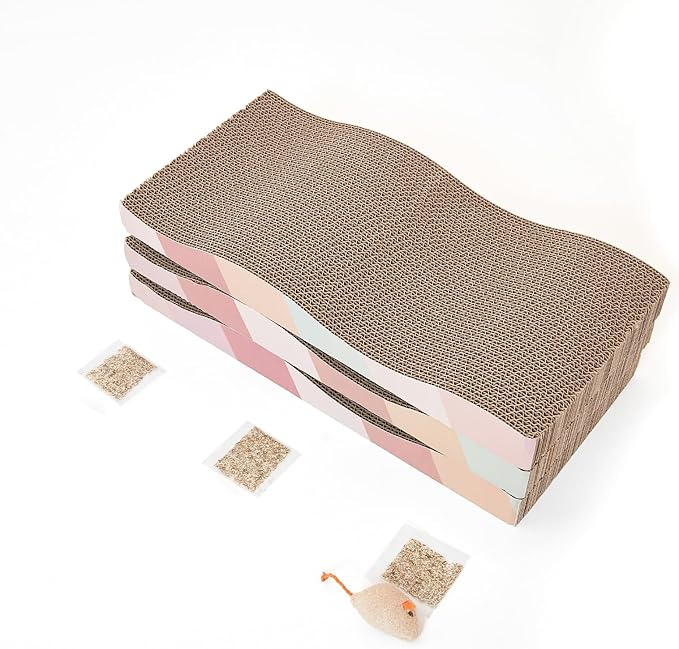 SIDAZON Cat Scratching Pads Cardboard Cat Scratchers for Indoor Cats Reversible Large Wide Corrugated with Catnip and Mini Toy (3pcs)