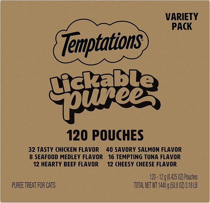 Temptations Creamy Puree Squeezable Lickable Wet Cat Treat Variety Pack, 0.42 oz. Tubes, 120 Count