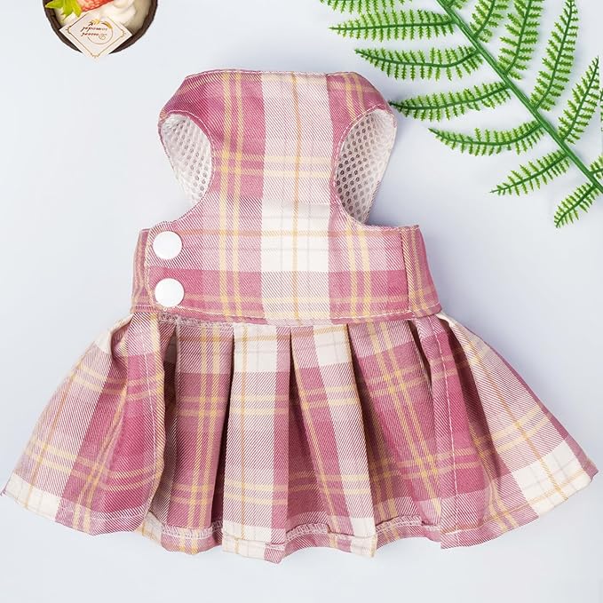 Dog Plaid Dress Puppy Bow Skirt Harness Leash Adjustable Doggie Summer Dresses for Small Dogs Cats Rabbit Bunny Chihuahua Yorkies Cute Pet Outfits (Small(Suggest 3.3-5.5 lbs), Pink)