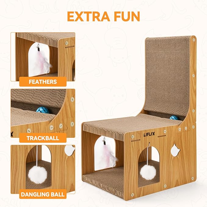 LIFLIX L-Shaped Double-Layer cat Scratching Board, Cardboard cat Scratching Post with Toys, Cat Scratcher & Hideaway for Indoor Cats to Scratch, Rest and Play
