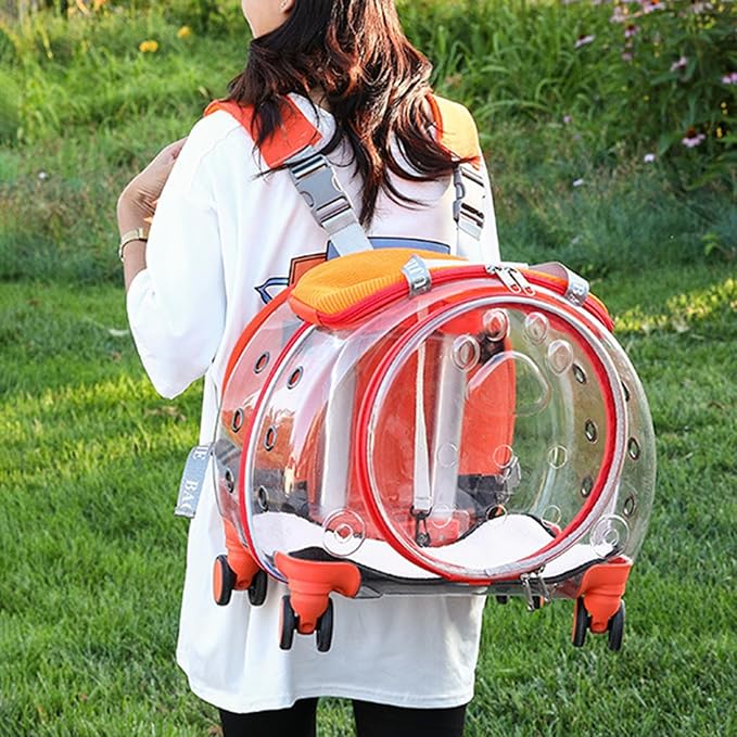 Rolling Cat Carrier,Clear Cat Carrier with Wheels,Pet Trolley Case Pet Backpack for Kitty Small Dog Sturdy and Breathable Design Portable Cats Dogs Backpack for Travel/Taking a Walk Orange