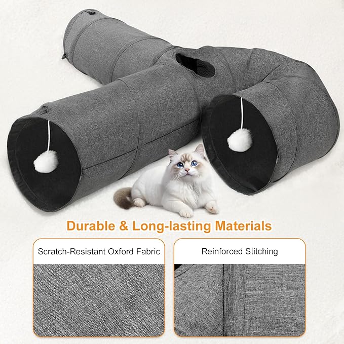 Ownpets Cat Tunnel 12 Inches in Diameter Larger Pet Tunnel Tube with Plush Ball & Feather Toy, U-Shaped Cat Play Tunnel for Big Cat, Puppy and Rabbits