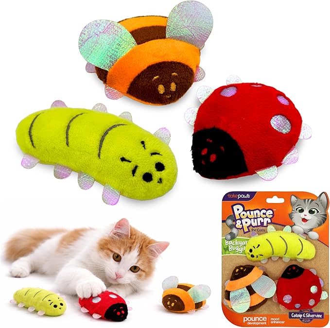 Pounce & Purr® Plush Cat Toys, Catnip & Silvervine Infused, Shiny Iridescent Accents, Interactive Play Toys for Cats & Kittens (Backyard Buggin' Series)