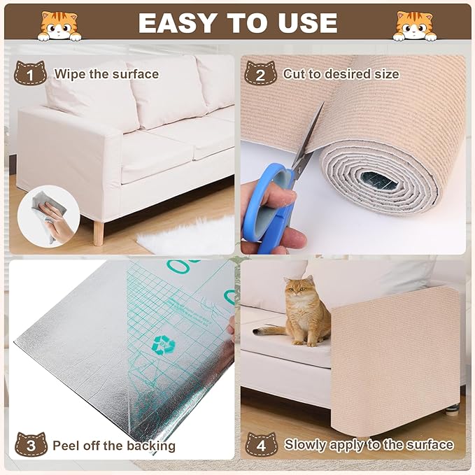 Cat Scratch Furniture Protector, 78.7"x15.8" Trimmable Anti-Scratch Mat with Adhesive Stickers & Thumbtacks, Self-Adhesive Scratch Pad for Couch, Sofa, Wall, Door and Cat Tree Khaki