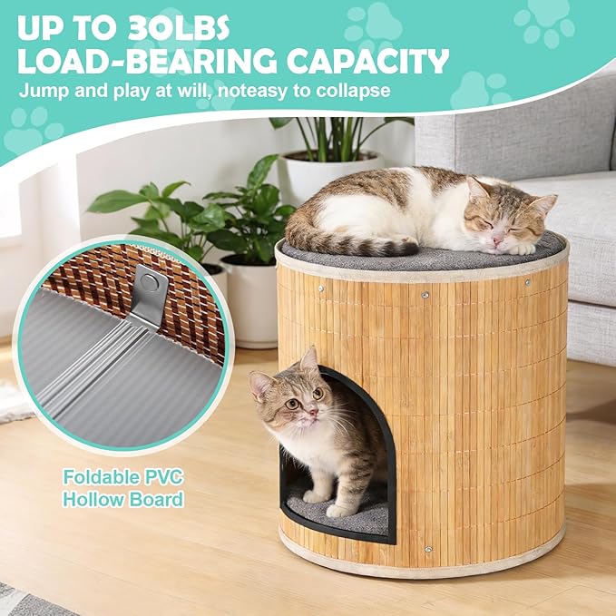 Cat Beds Indoor House, Handwoven Bamboo Cat Cave Pet Cube, Large Cat Houses, 2 Bed Mat, Foldable,Hideaway, 15.9x13.9 Inches, Living Room Bedroom Terrace Home Decoration Natural