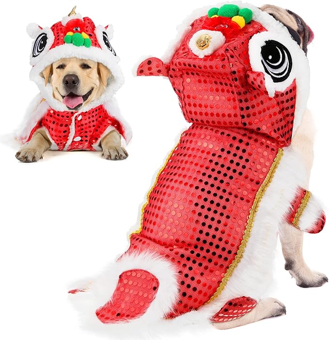 LEIFIDE Lion Dance Dog Costume Chinese New Year Pet Costume with Sequins Chinese Lion Dance Cloth Dog Clothes Hoodies Coat for pet New Year Spring Festival Dress up(2X-Large,Red)