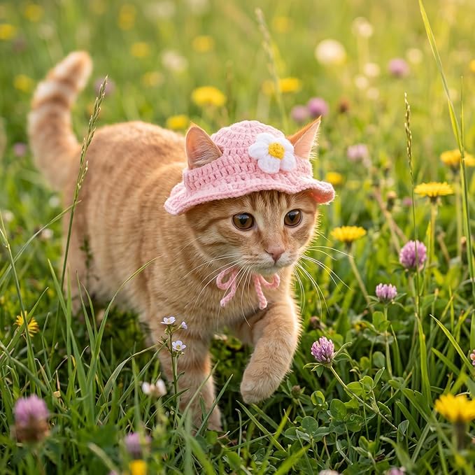 Cat Hats for Cats Only Cute Knit Cat Hat Flower Hat with Adjustable Cord Handmade Crochet Cats Clothes Soft Cute Knitted Hats Christmas Party Costume Accessory for Puppy Kitten (Purple, Pink)