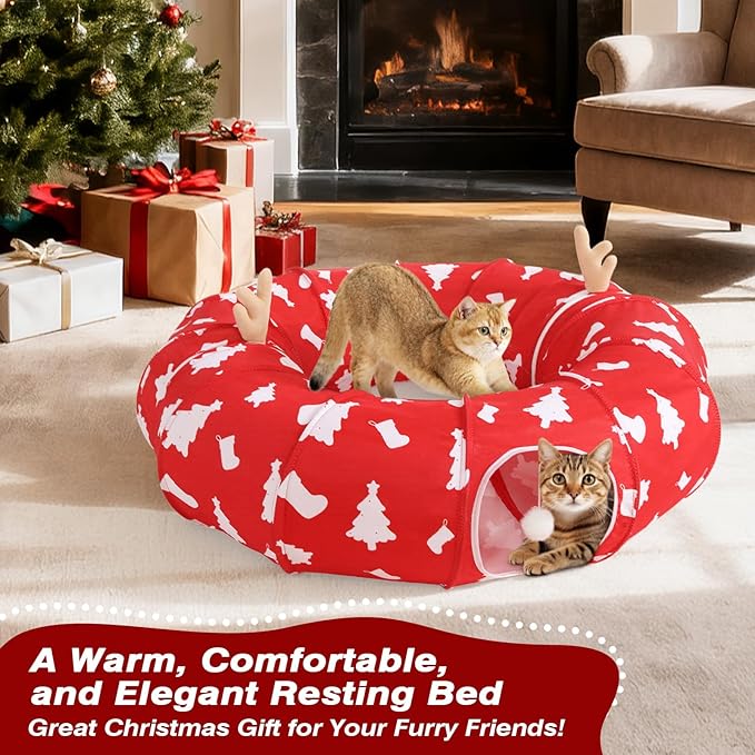 Cat Tunnel Bed Under Christmas Tree, 35' Xmas Peekaboo Cat Cave with Toy Balls and Circle Cushion. Multifunctional Playground Pet Toys Gifts for Kitty, Rabbit and Small Animals, Red + White