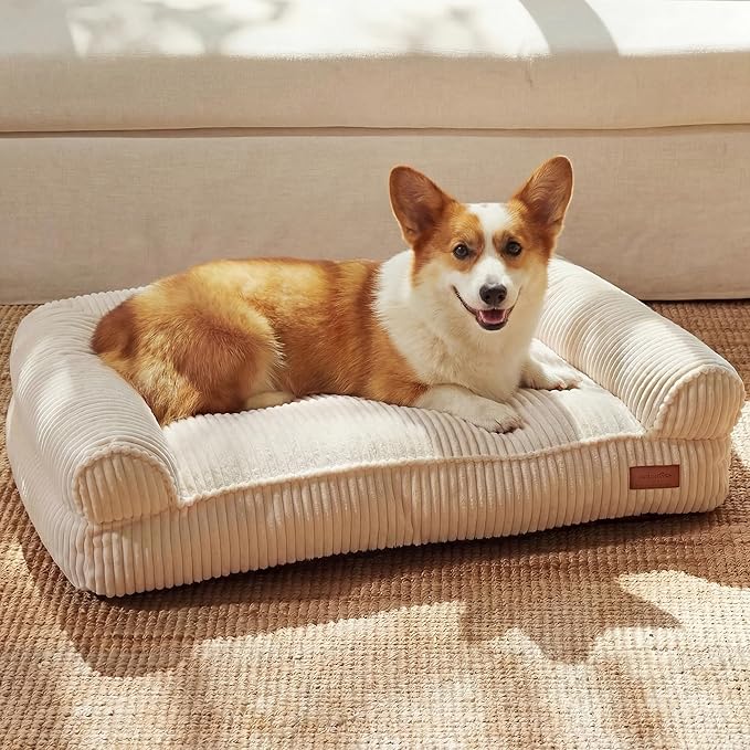 FUKUMARU Cute Dog Bed, Thickened Orthopedic Dogs Couch, 36in Egg Crate Foam Pet Sofa for Medium to Large Dogs, Waterproof Warm Corduroy Pet Bed with Washable Cover, Cream