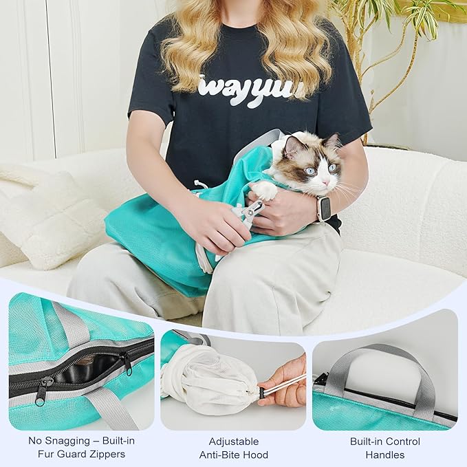 Cat Bathing Bag Anti Scratch Bite Breathable Mesh- Cat Grooming Bag for Nail Trimming, Injections, Medication, Dental Care, Vet Visits, Cats Shower Bag with Zippers,Green M
