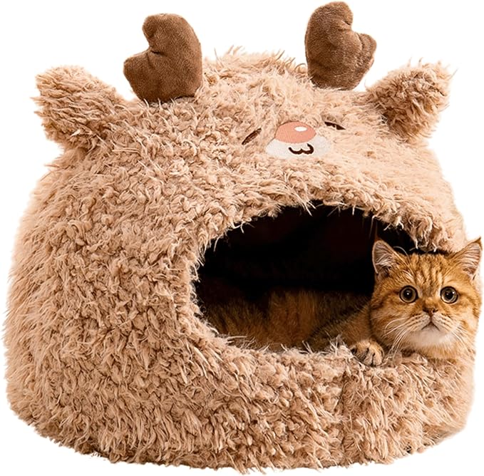 Animal Design Pet Bed Cat Dog Bed for Indoor Cats Pet Tent Cave with Removable Cushion Plush Half-Enclosed Warm House for Cats Small Dogs Kitten Puppy Sleeping (Deer,Large)