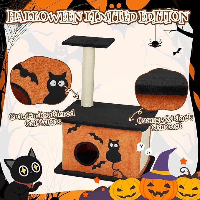 Outvita Halloween Cat Tree, 33" Cat Tower with Spacious Cat Condo, Gothic Scratching Posts, Large Platform, Cat Activities Furniture, Orange & Black