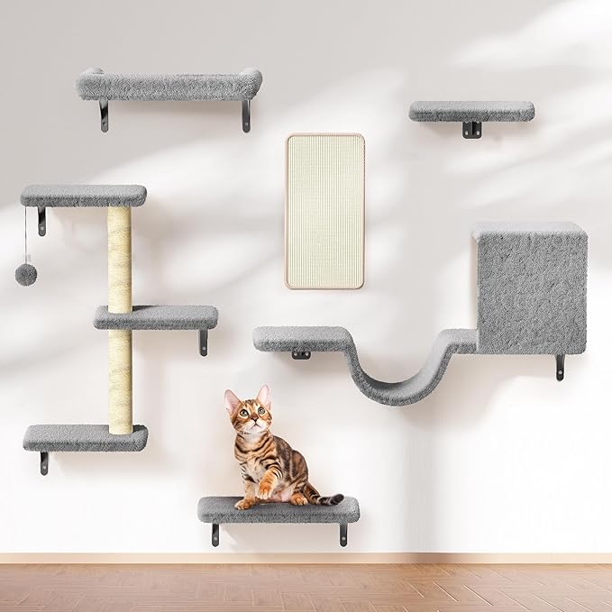 6-in-1 Wall Mounted Cat Climber Set for Heavy Cats，Wall Shelves,Stable & Safe Cat Furniture Set for Large Cats, Wooden Climbing Wall with Scratching Post (Gray)
