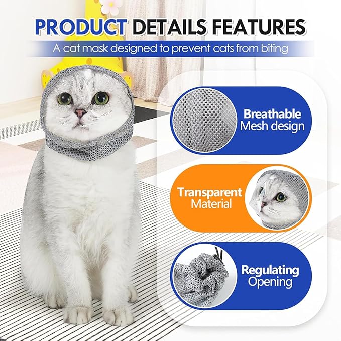 Cat Muzzle Adjustable Anti-Bite Head Cover - Breathable Grooming Mask for Nail Trimming, Bathing & Vet Injections, Safe Fit for Cats (M)