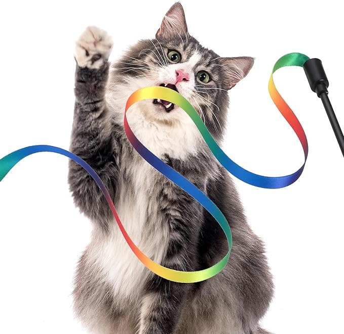 Amaxiu Cat Wand Toy Set, Interactive Cat Wand Toy with Rainbow Ribbon String, Leopard Print Cloth String for Small Cats Kittens Indoor Training Catcher (3 Packs)