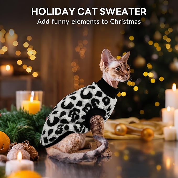 PUMYPOREITY Winter Warm Cat Sweater - Super Soft & Elastic Knit with Plush Fleece, Easy-On Design with Ribbed Neck & Cuffs, Stretchy Cat Outfit for Indoor/Outdoor Use,Black Leopard, L