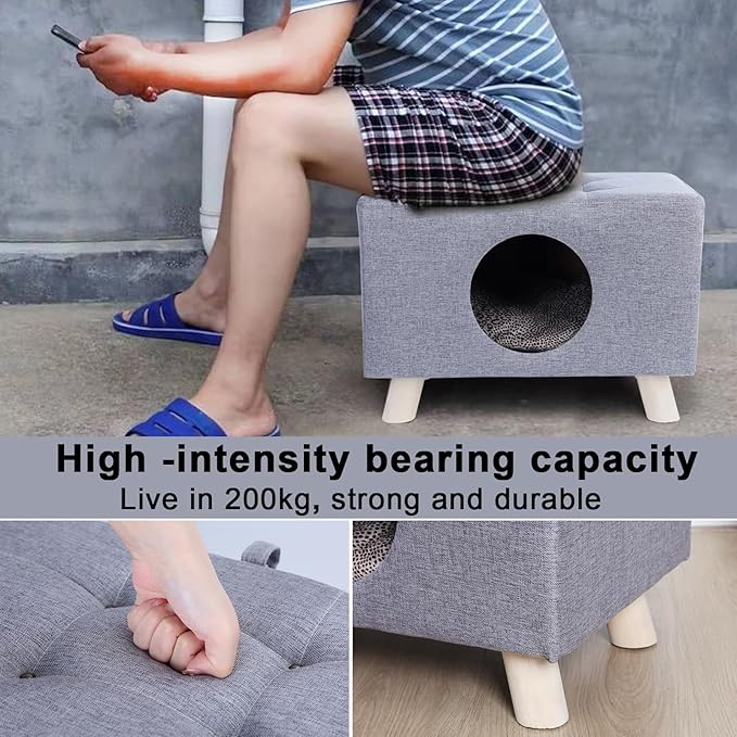 Cat Nest, Wooden Pet House Ben with Mat, Cat or Dog Furniture Bed - Wooden Feet, Enclosed Design Cat Cube, Cozy Condo Cave, 18.7x10.2x11.8 Inch (Grey) 1 Set