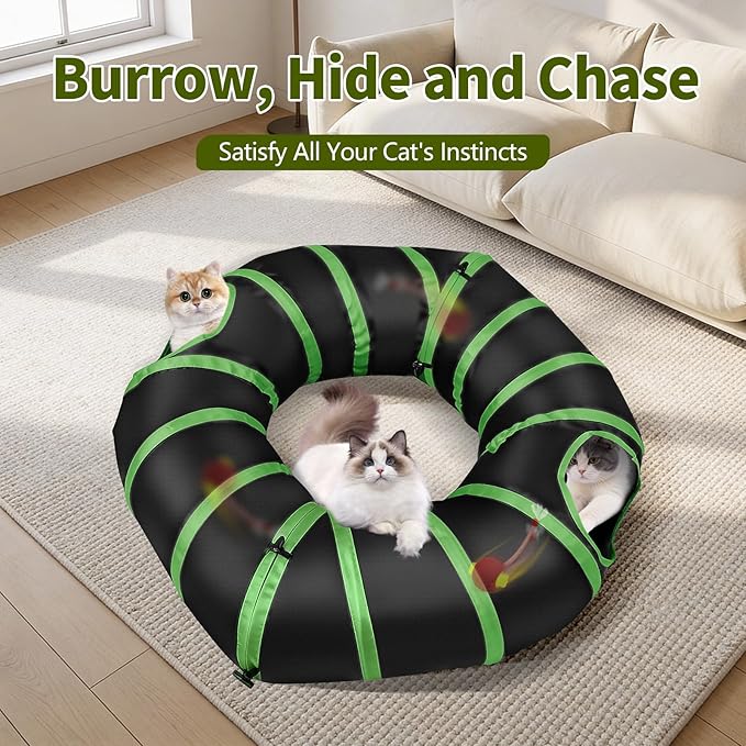 Interactive Cat Toy Ball Fast Rolling in Collapsible Cat Tunnel - 3 Speed Motion Activated, Auto Standby, Hide & Seek Hunting Toy for Indoor Cats & Kittens, USB Rechargeable, Boredom & Anxiety Relief