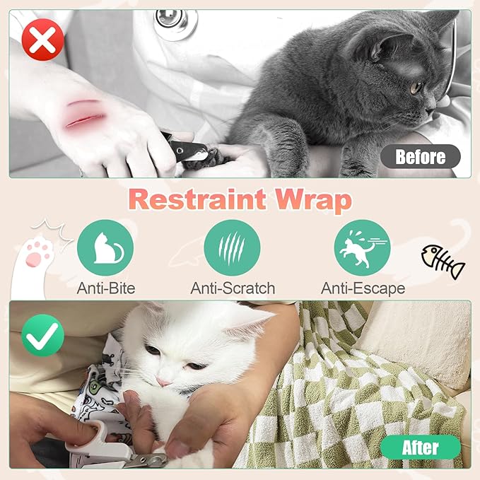 Cat Grooming Wrap for Nail Clipping, 21.65" Anti-Scratch & Escape-Proof Cat Restraint Swaddle, Pet Burrito Wrap Multifunctional Grooming Tool for Cats (Within 8lbs)