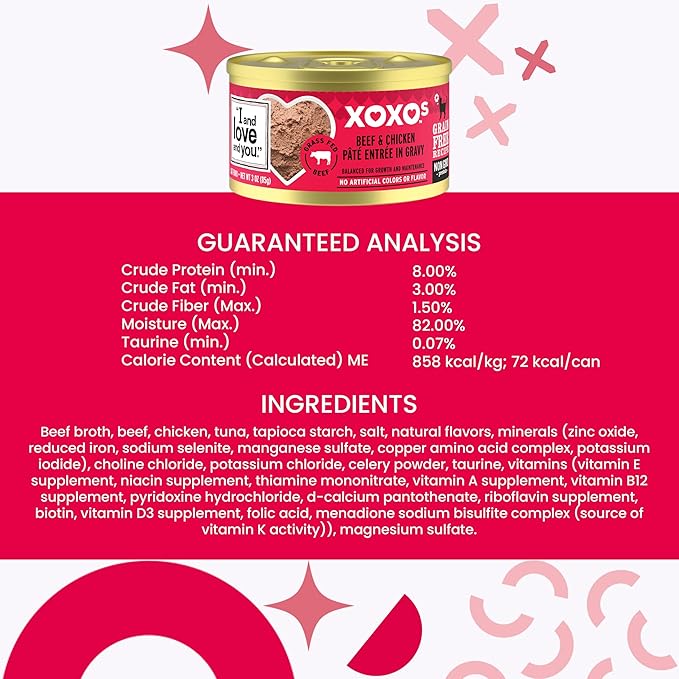 I AND LOVE AND YOU XOXOs Wet Cat Food - Chicken + Beef Pâté Variety Pack - Grain Free, Filler Free, 3oz Pack of 12 Cans