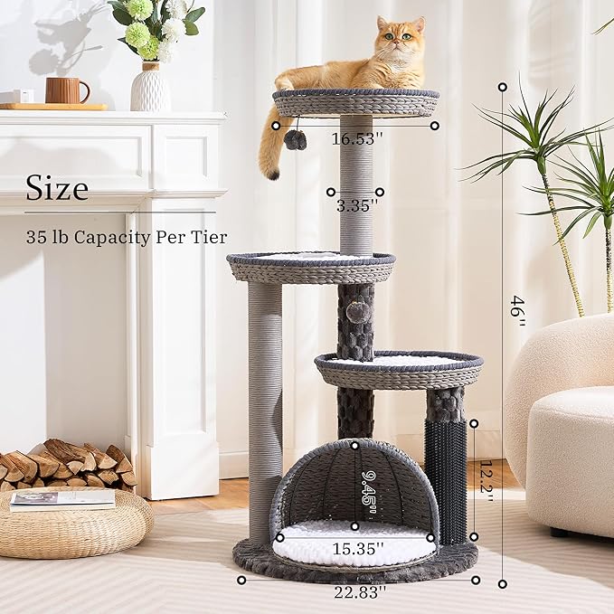 Wood Modern Cat Tree for Large Cat, 46" Tall Cat Tower with Scratching Posts, Cat Condo, Aesthetic Multi-Level Cat Climbing Tree with Hand-Woven Bed for Adult Indoor Cats-Grey